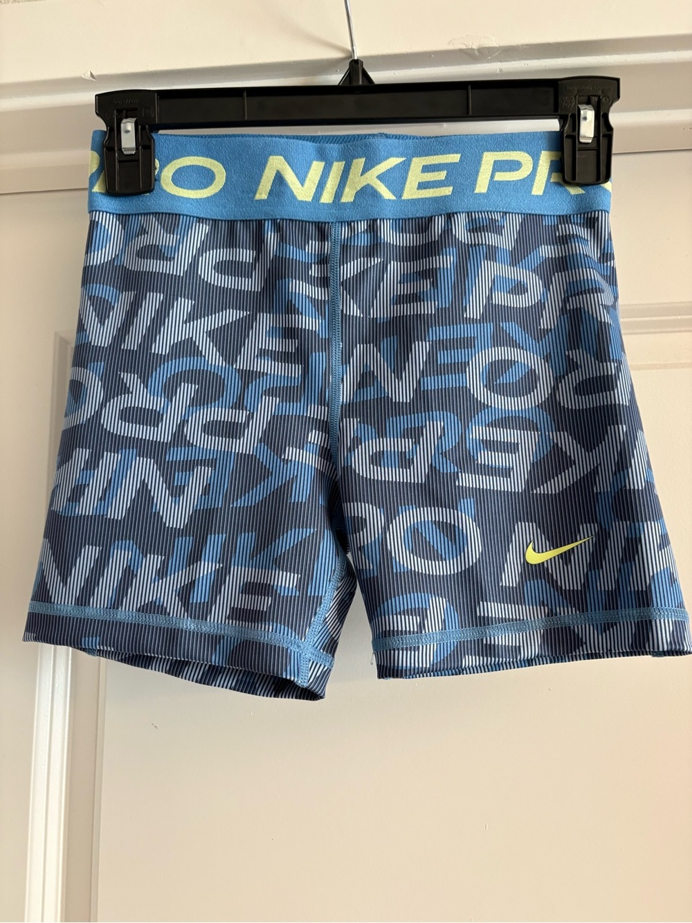 NWT Nike Pro Blue Logo-Print Compression Shorts with Yellow Swoosh